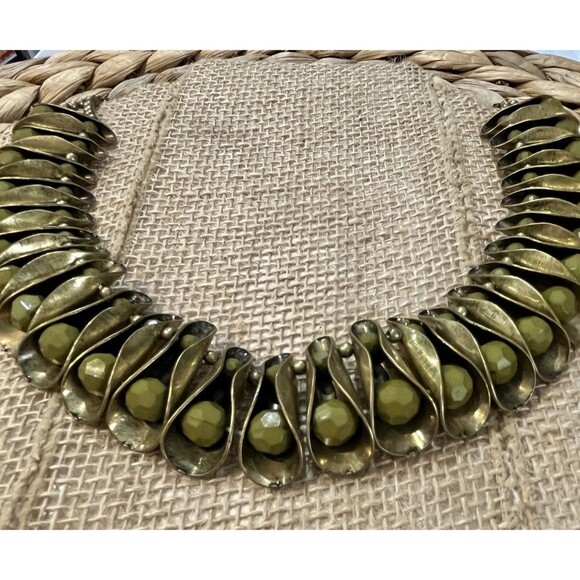 Gold Tone Olive Green Acrylic Beaded Bib Statement Necklace Egyptian Revival - Picture 3 of 5
